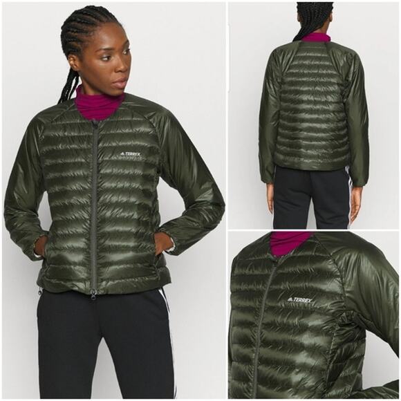 Adidas Womens XS Terrex Hike Bomber Down Puffer Jacket Legend Earth GD1154 - Picture 1 of 13